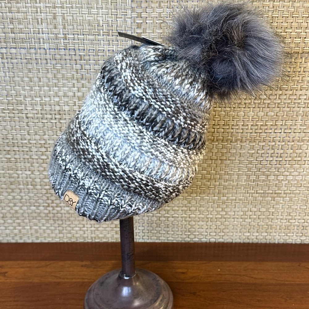 Gray Gradient Slouchy Beanie Peta Approved Faux Fur Pom Pom